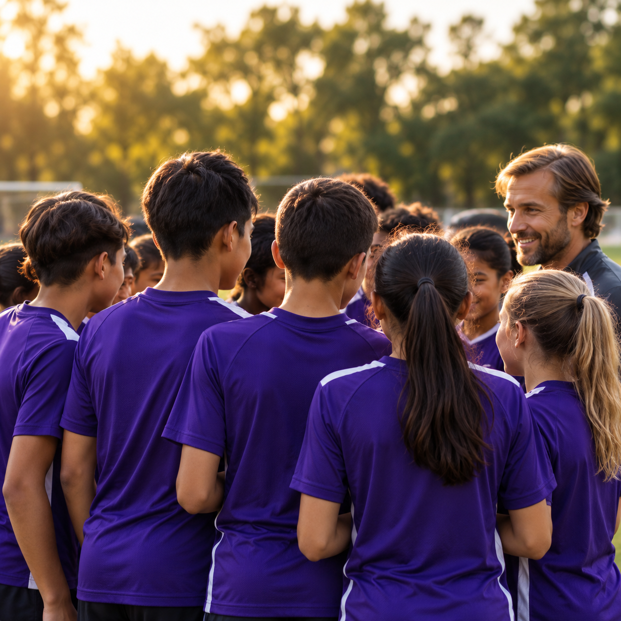 Youth sports team in purple jerseys gathered with their coach.