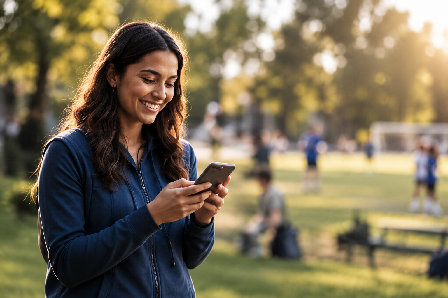 Woman outdoors responding to a community invitation on her phone.